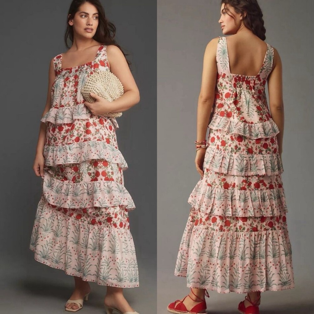 Anthropologie Sleeveless Square Neck Tiered Midi Dress